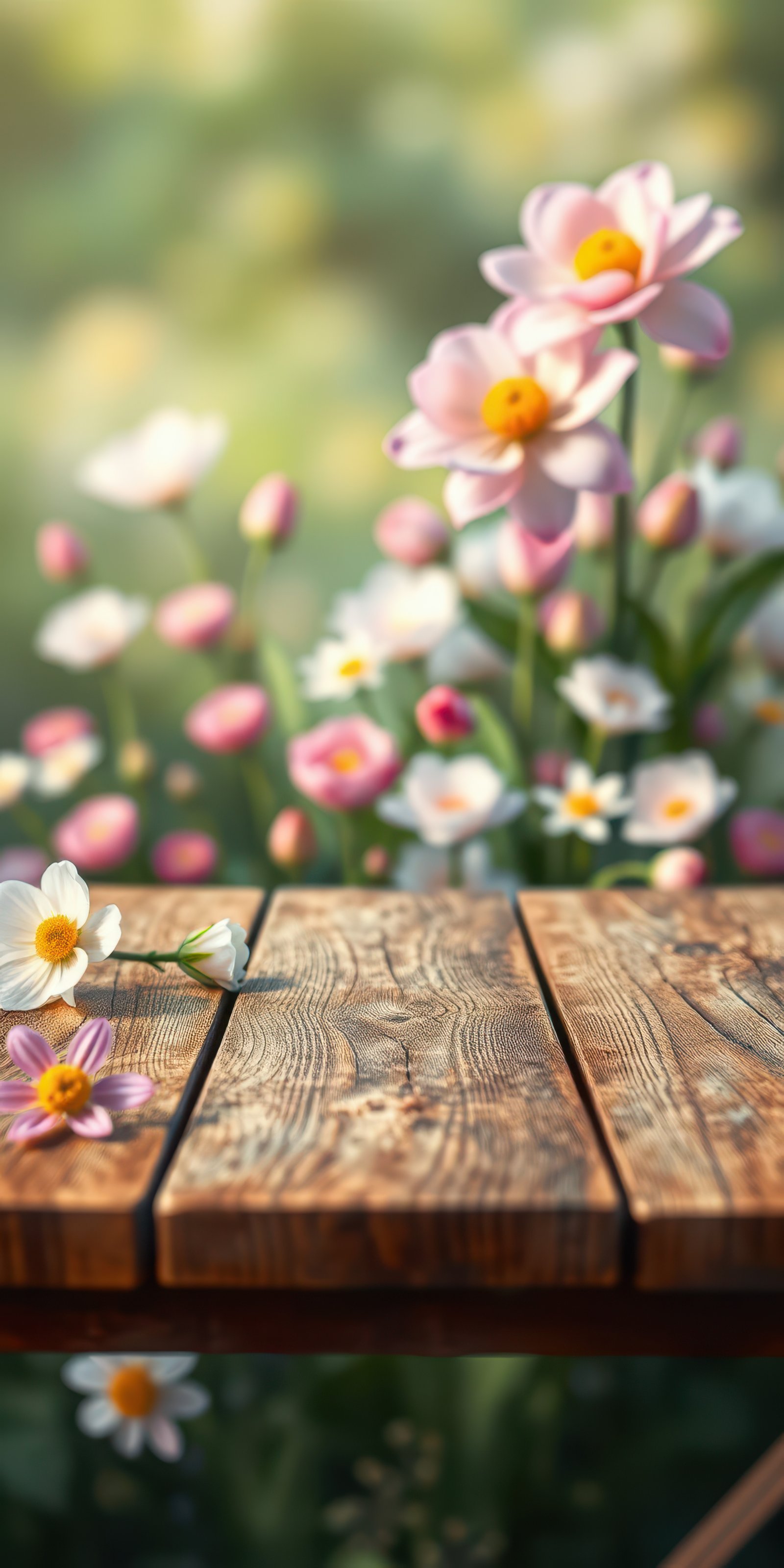 Flower-filled garden with wooden table in sunlight during spring season